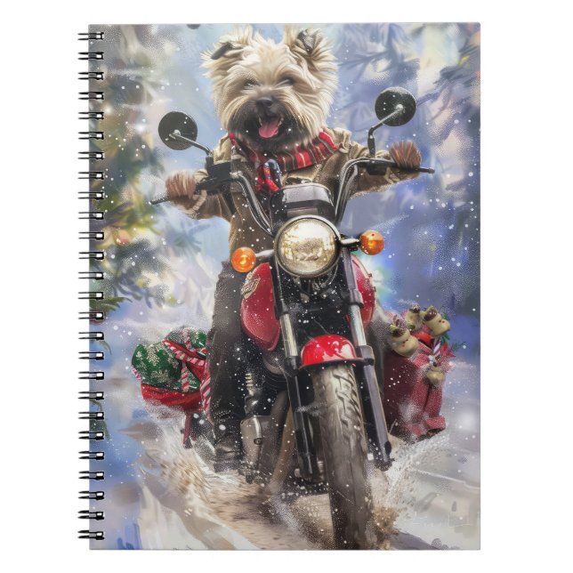 Caderno Espiral Cairn Terrier Dog Dirigindo motocicleta Natal (Frente)