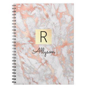 Caderno Espiral Caixa Dourada de Mármore em Ouro Branco e Rosa, No