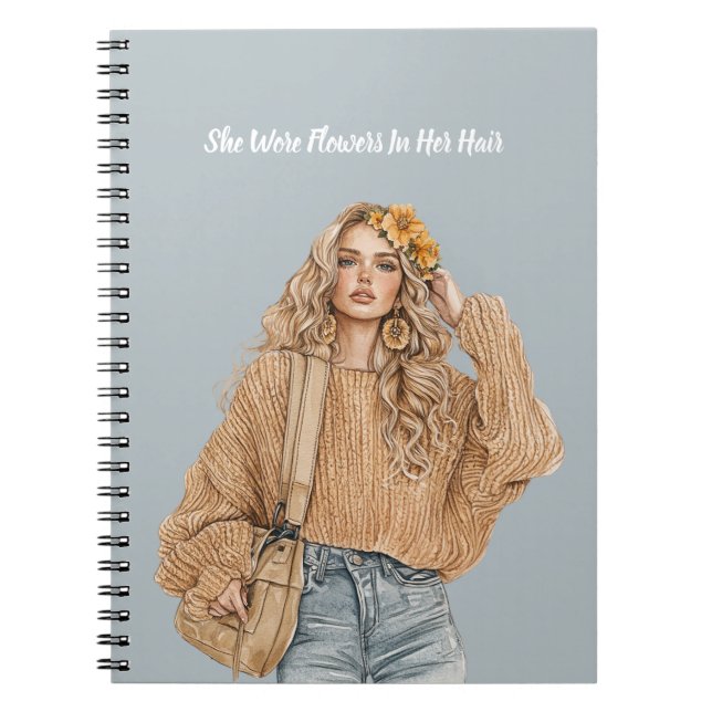 Caderno Espiral Calça Jeans Loira com Flores no Cabelo (Frente)