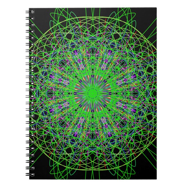 Caderno Espiral Caleidoscópio Negro Verde - Arte Mandala (Frente)