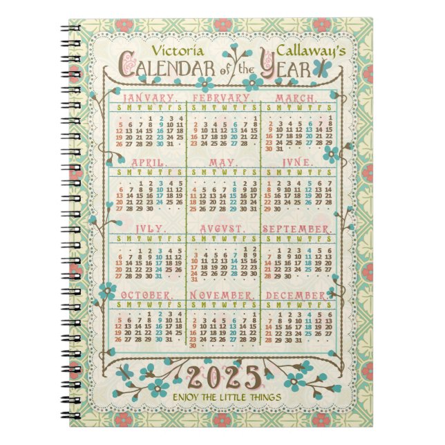 Caderno Espiral Calendário Anual 2025 Estilo Art Nouveau Vitoriano (Frente)