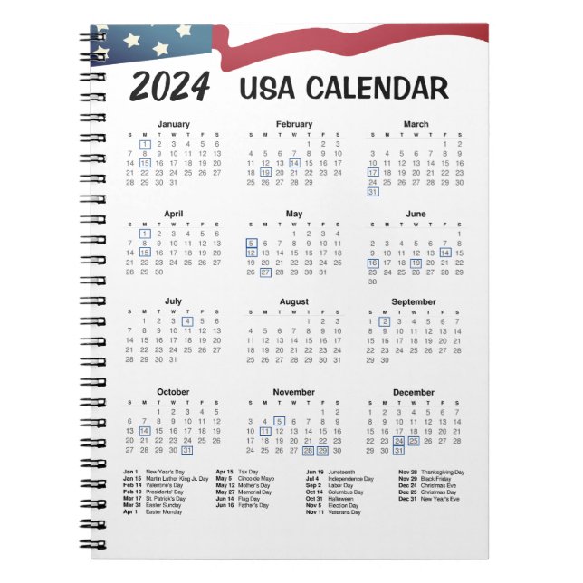 Caderno Espiral Calendário dos EUA 2024 (Frente)