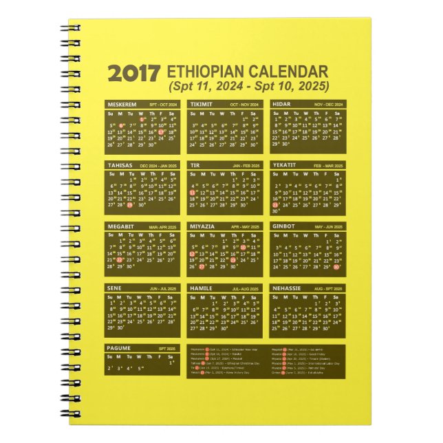 Caderno Espiral Calendário etíope para 2024 e 2025 (Frente)