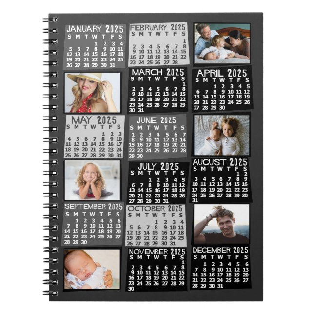 Caderno Espiral Calendário Mensal 2025 Preto Mod 6 Colagem de Foto (Frente)