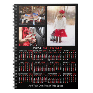 Caderno Espiral Calendário Mensal de 2024 Anos Preto Personalizado
