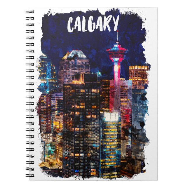 Caderno Espiral Calgary Alberta Skyline Por Noite (Frente)