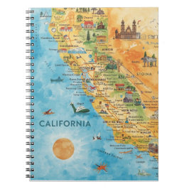 Caderno Espiral California Illustrated Watercolor Map Art