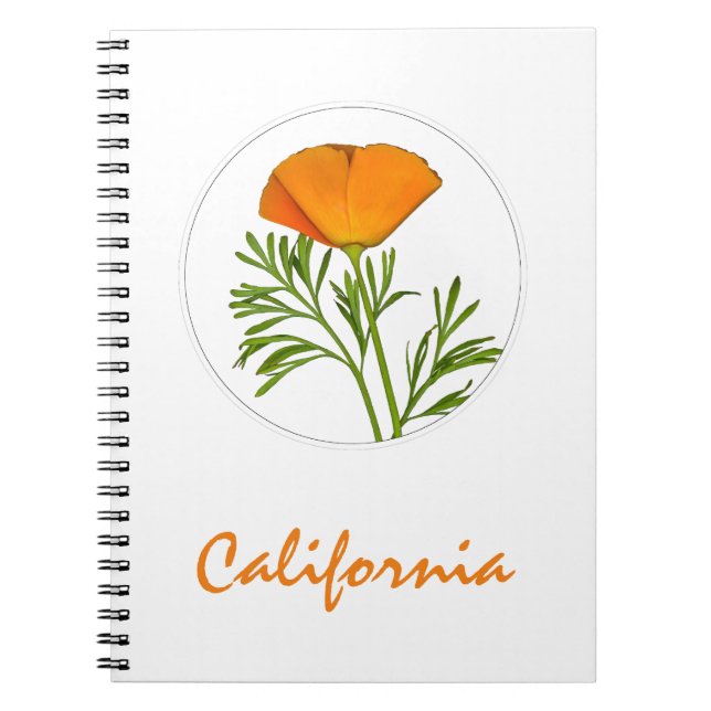 Caderno Espiral California Poppy em um Círculo, Texto "California" (Frente)