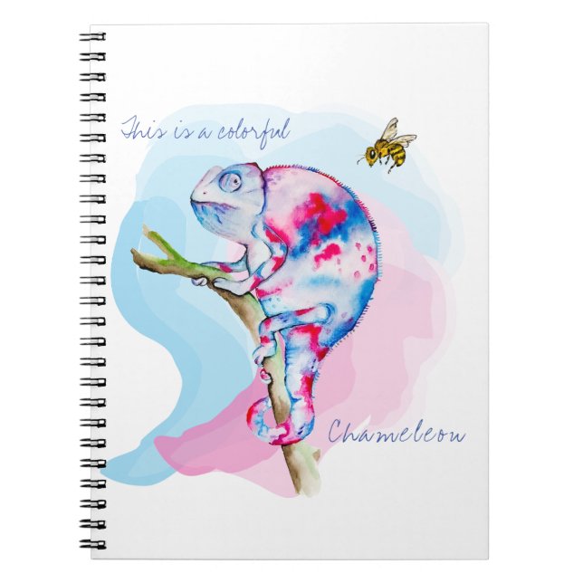 Caderno Espiral Camaleão e abelha coloridos brilhantes. (Frente)