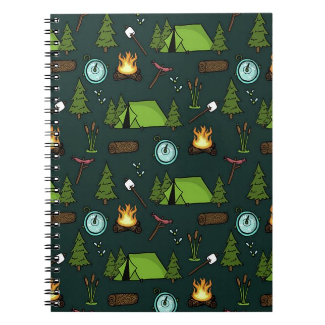 Caderno Espiral Camfire In Forest, Happy Camper, Engraçado acampam (Frente)