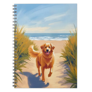 Caderno Espiral Caminho da Praia do Golden Retriever   Cachorro do
