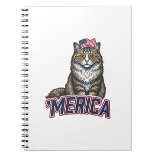 Caderno Espiral Camisa de Desenho de Gato Patriótico Merica Vintag