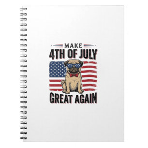 Caderno Espiral Camisa de design vintage patriótico Pug 4 de Julho