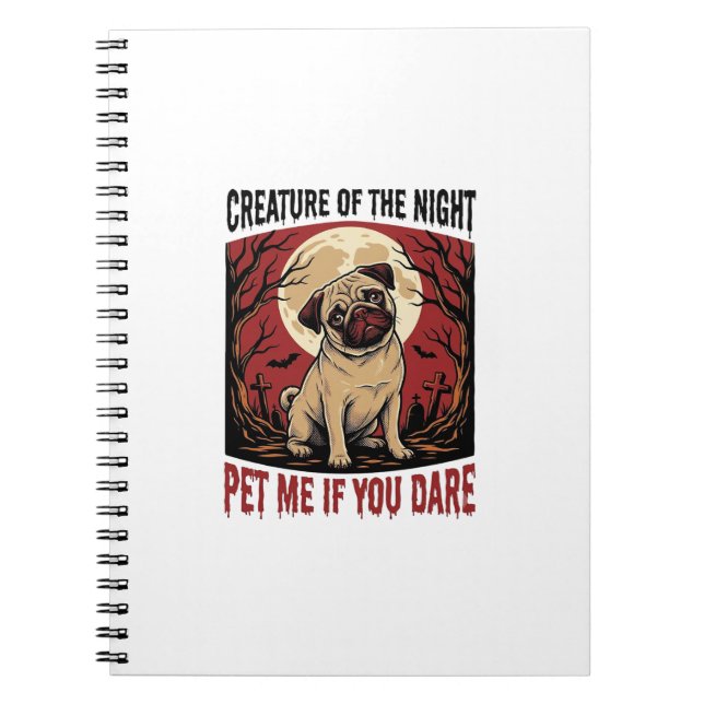 Caderno Espiral Camisa de Pug de Halloween com Cemitério Assustado (Frente)