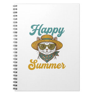 Caderno Espiral Camisa de Verão Feliz Gato Vintage Gravura Design_