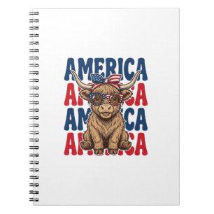 Caderno Espiral Camisa Patriótica Vintage da América Cow Highland 