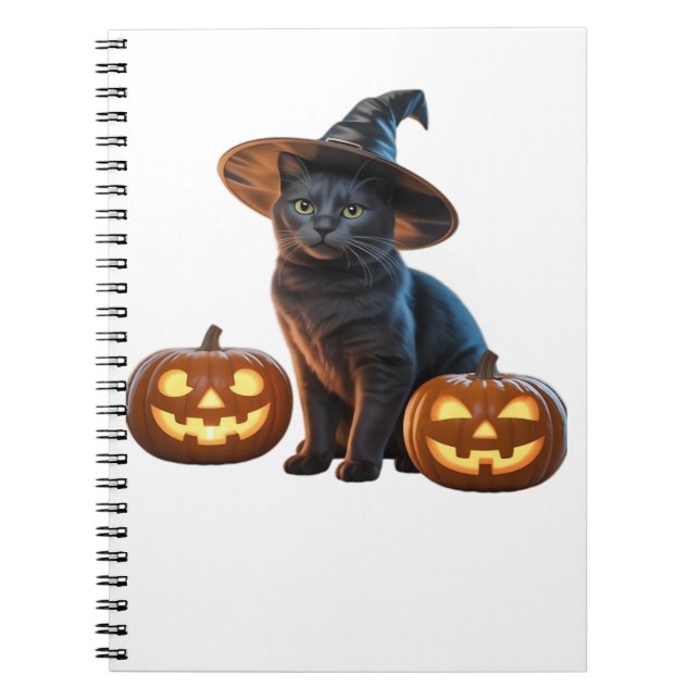 Caderno Espiral Camiseta Clássica de Gato Negro Halloween (Frente)