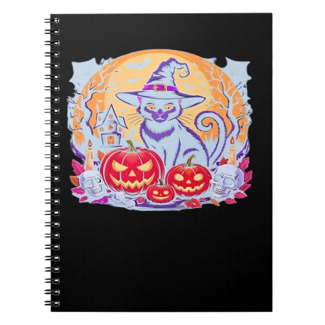 Caderno Espiral Camiseta Clássica Ghost Pumpkin Gato do Halloween (Frente)