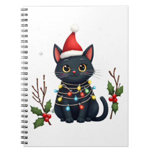 Caderno Espiral Camiseta Gato Preto Natal Chapéu de Papai Noel Gat