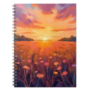 Caderno Espiral Campo de Flores Aquarela Pôr do Sol Hora Dourada