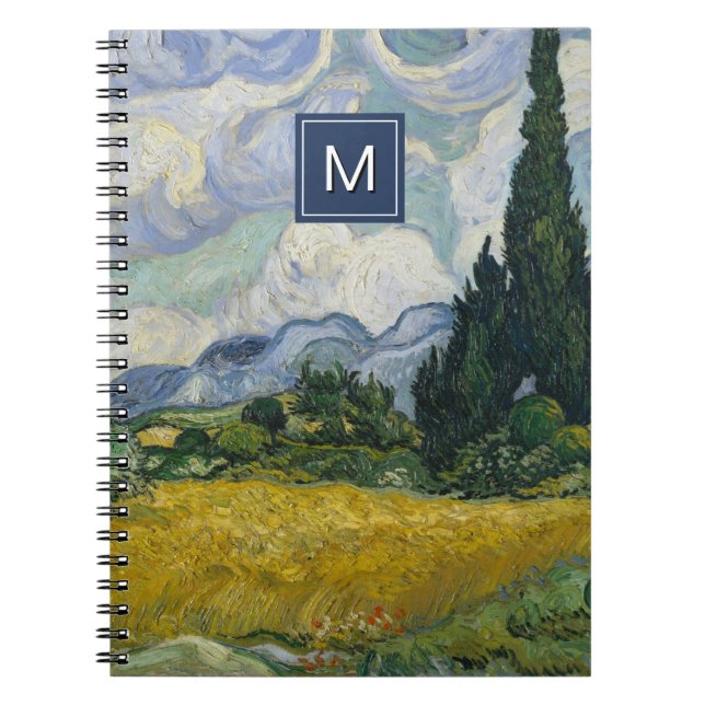 Caderno Espiral Campo de trigo Van Gogh com Cypress Art Monograma (Frente)