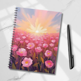 Caderno Espiral Campo Floral de Flores Rosa Aquarela
