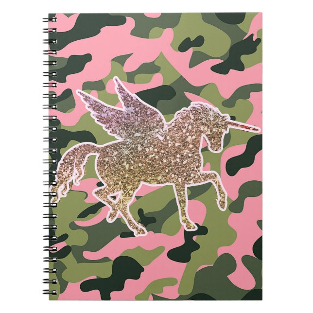 Caderno Espiral Camuflagem verde rosa e Unicórnio brilhante Dourad (Frente)