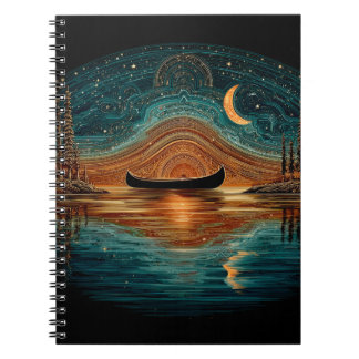 Caderno Espiral Canoa de madeira e lua crescente nas florestas do