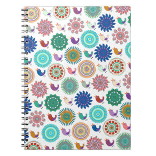 Caderno Espiral Cantando Pássaro e Mandala - Padrão de Arte Folk