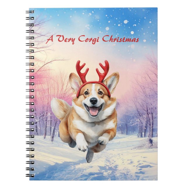 Caderno Espiral Canteiros de Corgi Reindeer de Natal saltando em n (Frente)