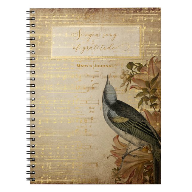 Caderno Espiral canto de pássaro vintage de gratidão (Frente)