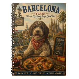 Caderno Espiral Cão de Água Espanhol em Arte de Viagem Vintage de