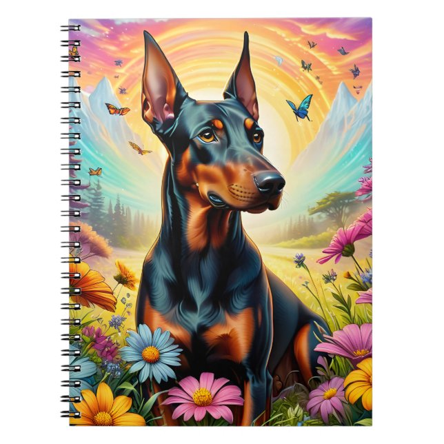 Caderno Espiral Cão Doberman, Flores E Cena De Montanha (Frente)