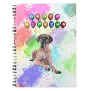 Caderno Espiral Cão Dogue Alemão Desejando Feliz Ano Novo