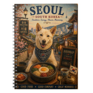Caderno Espiral Cão Jindo em Arte de Viagem Vintage de Seul