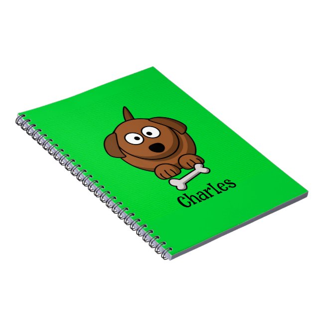 Caderno Espiral Cão-marrom com osso personalizado em verde (Lado Direito)