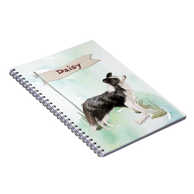Caderno Espiral Cão Pet de Collie de Borda de Nome Personalizado (Lado Direito)