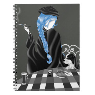 Caderno Espiral Cão & Senhora no café francês Azul