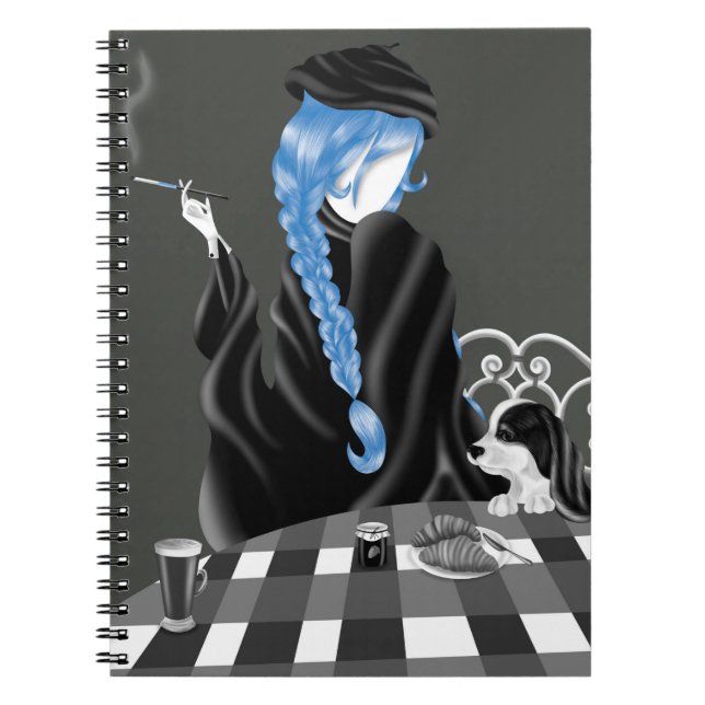 Caderno Espiral Cão & Senhora no café francês Azul (Frente)