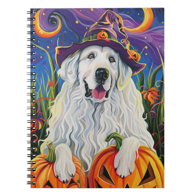 Caderno Espiral Cão Spooky Great Pyrenees Halloween Bruxa Abóbora (Frente)