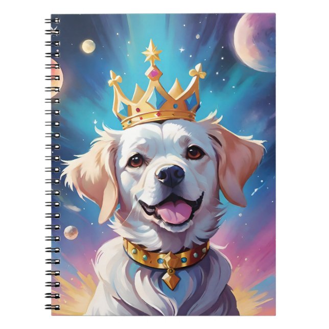 Caderno Espiral Cão vestindo uma coroa no espaço (Frente)