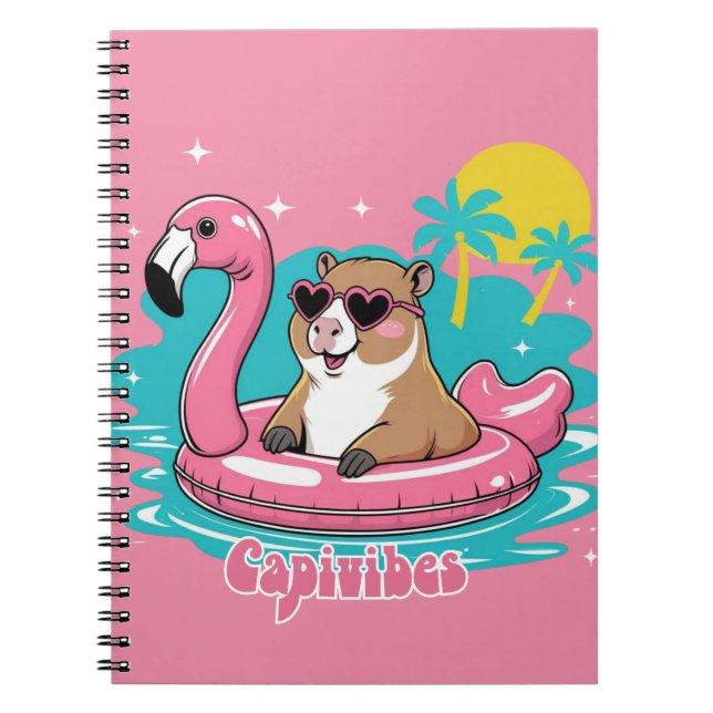 Caderno Espiral Capivara Estilosa no Verão com Boia Rosa (Frente)
