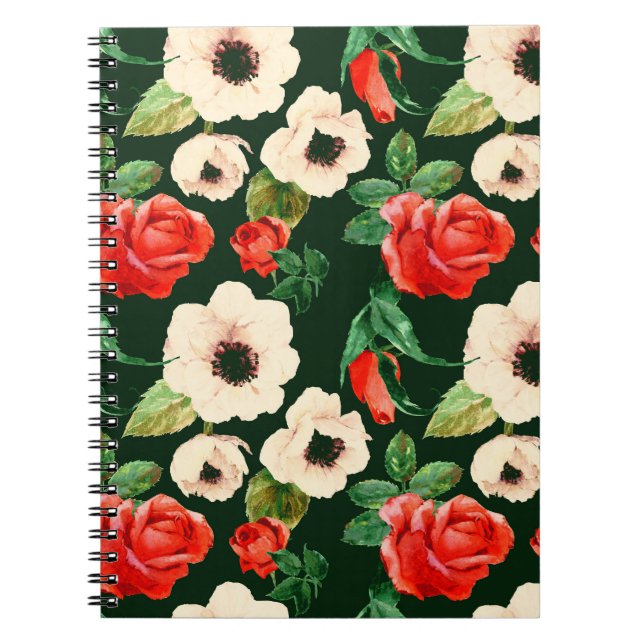 Caderno Espiral Cápsulas e Rosas de Aquarela: Padrão Floral. (Frente)