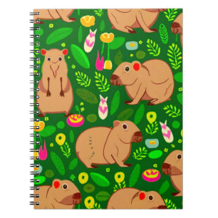 Caderno Espiral Capybara Sketch com Flores de primavera em Verde