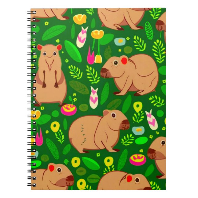 Caderno Espiral Capybara Sketch com Flores de primavera em Verde (Frente)