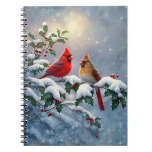 Caderno Espiral Cardeais vermelhos e Holly na neve