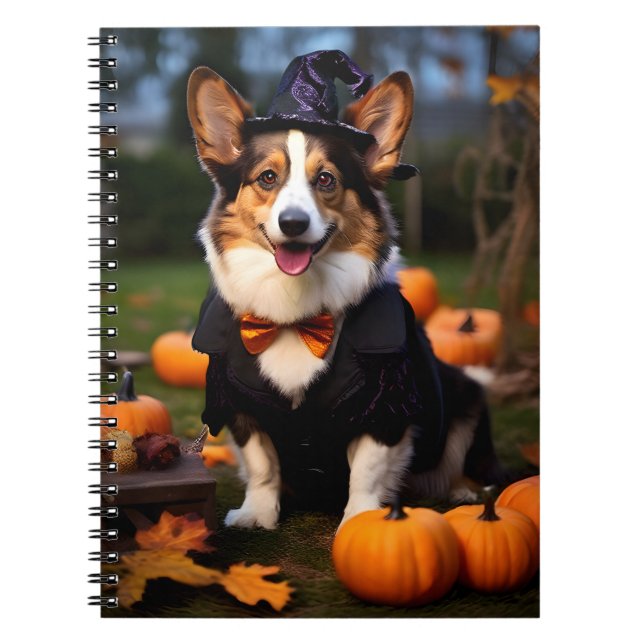Caderno Espiral Cardigan Welsh Corgi Dog no Halloween Party (Frente)
