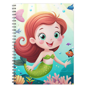 Caderno Espiral caricatura de sereia no mar com peixe