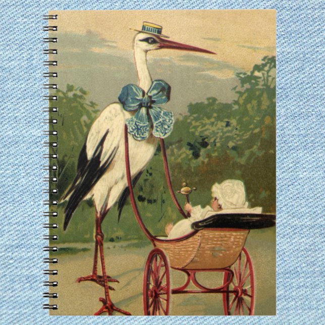Caderno Espiral Carrinho de Bebê e Cegonha Vitoriano Antigo (Criador carregado)