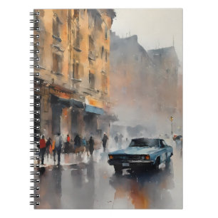 Caderno Espiral Carro Azul Vintage na paisagem urbana florida